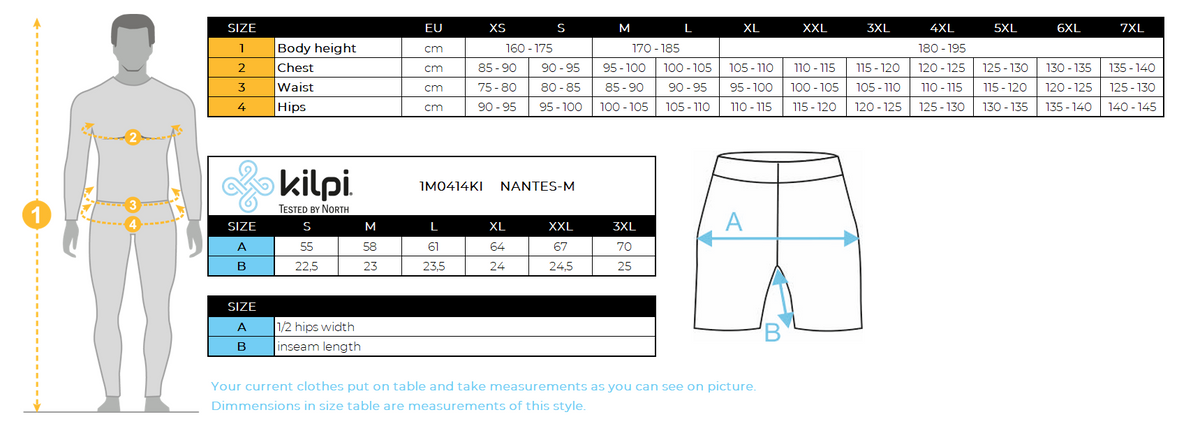 Fitness voor mannen SHORTS Kilpi NANTES-M – Maattabel