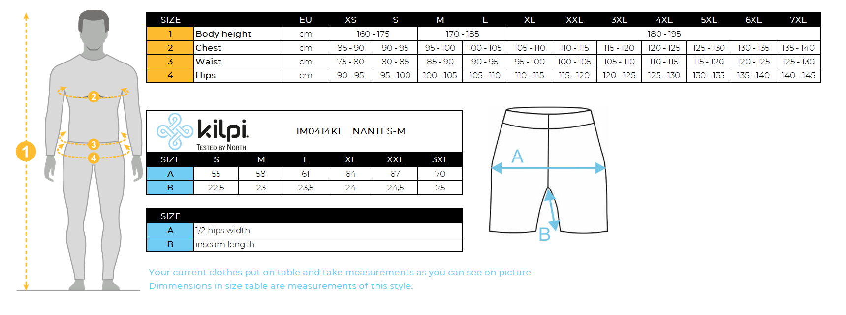 Fitness voor mannen SHORTS Kilpi NANTES-M – Maattabel