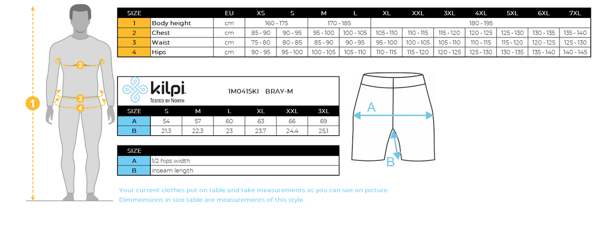 Fitness voor mannen SHORTS Kilpi BRAY-M – Maattabel