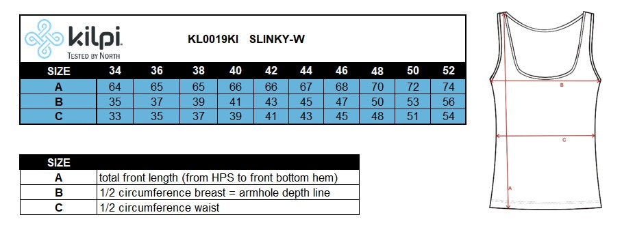 Dames-top/hemdje Kilpi SLINKY-W – Maattabel