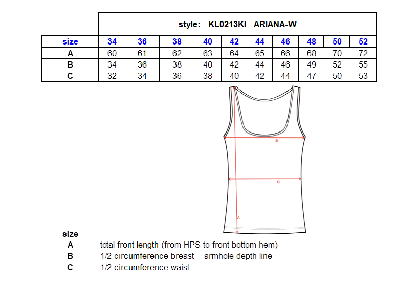 Women's functional top Kilpi ARIANA-W – Size chart