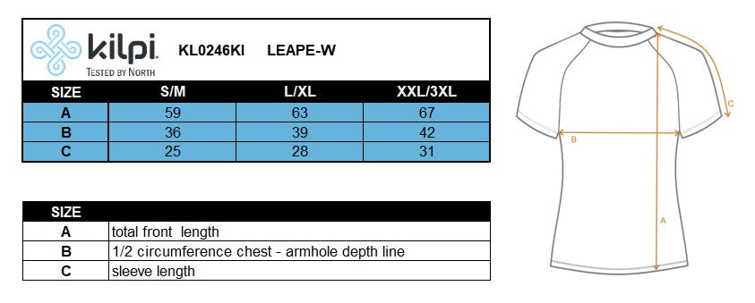 Functioneel T-shirt voor dames Kilpi LEAPE-W – Maattabel