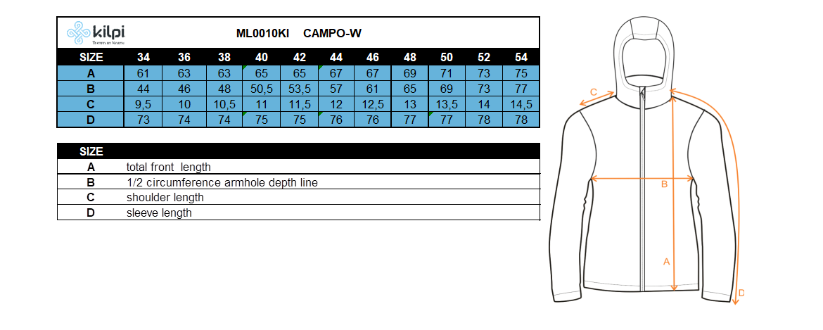 Damessoftshelljack Kilpi CAMPO-W – Maattabel