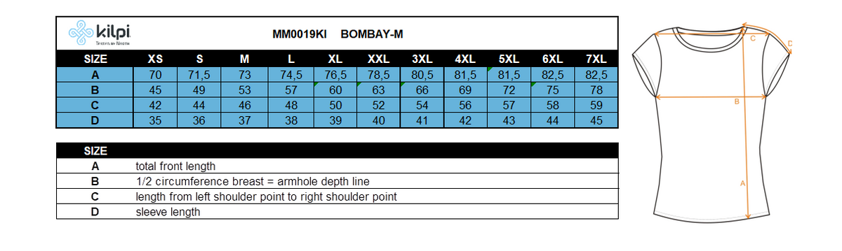 Herensportshirt Kilpi BOMBAY-M – Maattabel