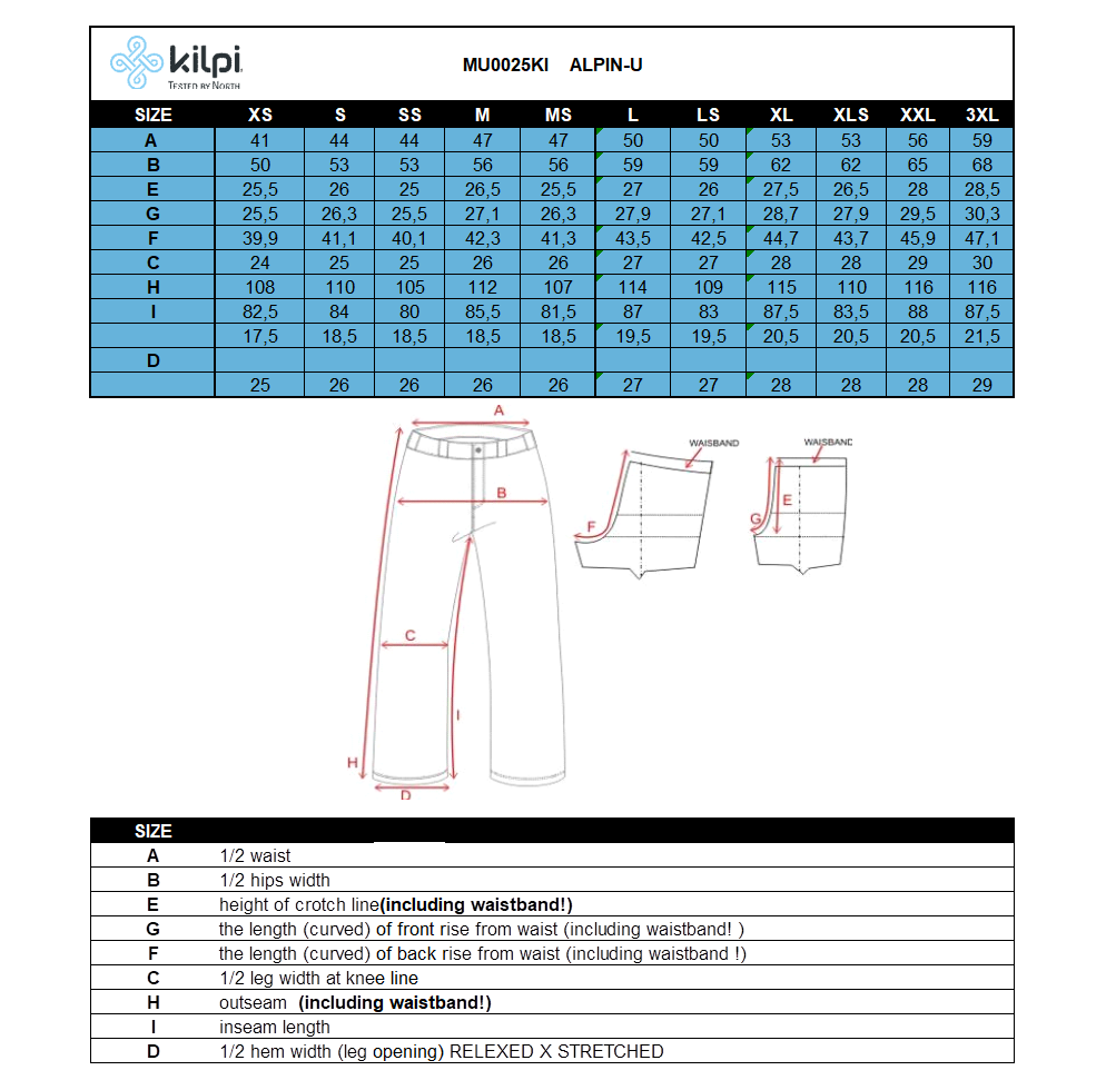 Universele outdoorbroek Kilpi ALPIN-U – Maattabel