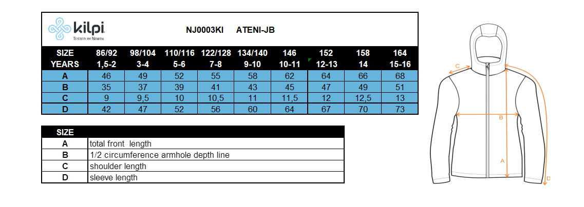 Kid´s ski jacket KILPI ATENI-JB – Size chart