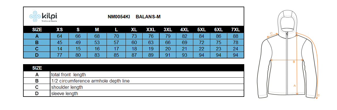 Herenhardloopjack KILPI BALANS-M – Maattabel