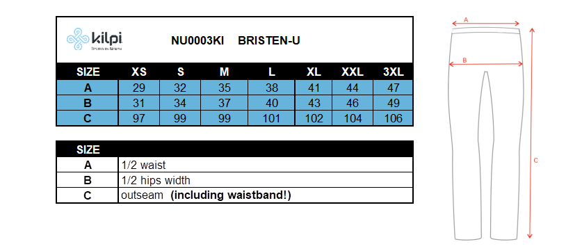 Unisex sportlegging KILPI BRISTEN-U – Maattabel