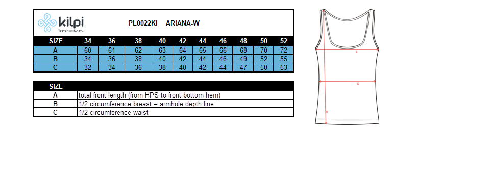 Dames outdoortop Kilpi ARIANA-W – Maattabel