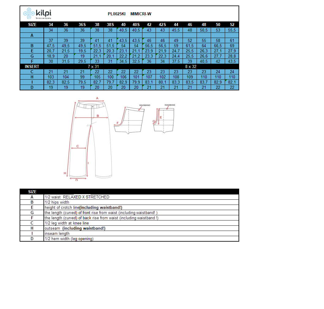 Women's light outdoor pants Kilpi MIMICRI-W – Size chart