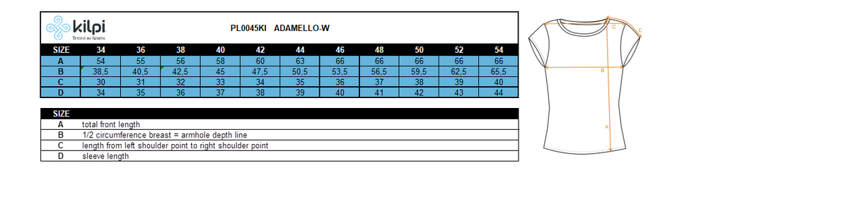 Women's cycling jersey Kilpi ADAMELLO-W – Size chart