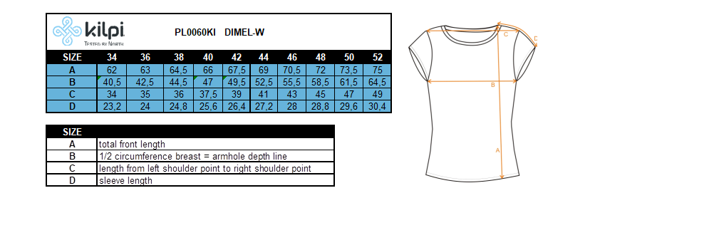 Kilpi DIMEL-W hardloop-T-shirt voor dames – Maattabel