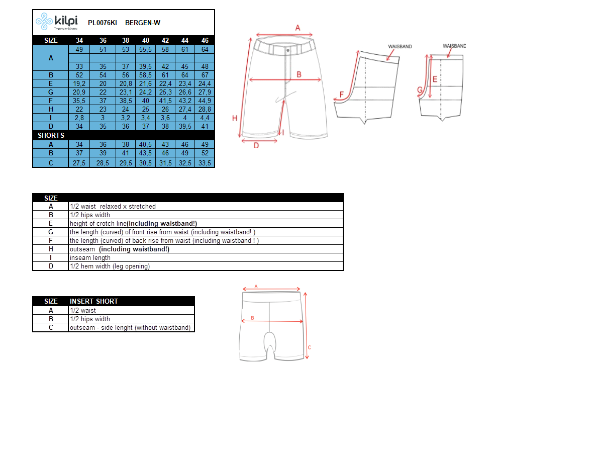 Women's running 2 in 1 shorts Kilpi BERGEN-W – Size chart