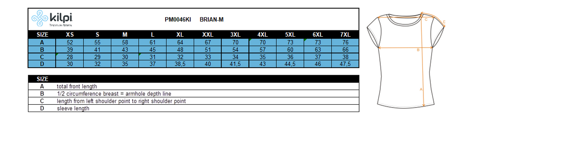 Men's cycling jersey Kilpi BRIAN-M – Size chart