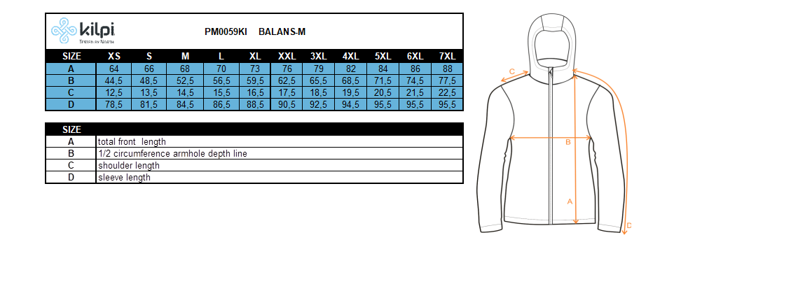 Men's light softshell jacket Kilpi BALANS-M – Size chart