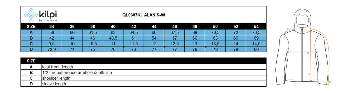 Damesstretch middle laag Kilpi ALANIS-W – Maattabel