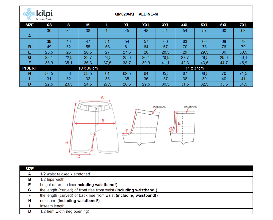 Softshell-short voor heren Kilpi ALDINE-M – Maattabel