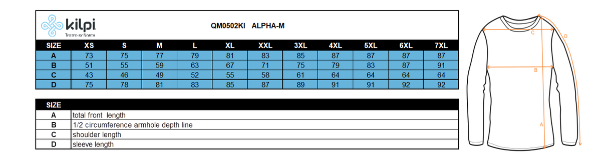 Men´s winter jacket Kilpi ALPHA-M – Size chart