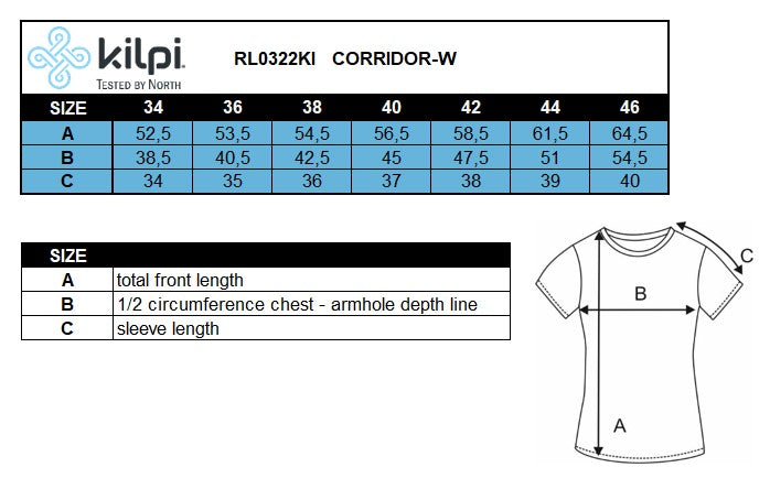 Dameswielrenshirt Kilpi CORRIDOR-W – Maattabel