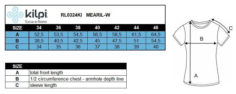 Damesfietsshirt Kilpi MEARIL-W – Maattabel