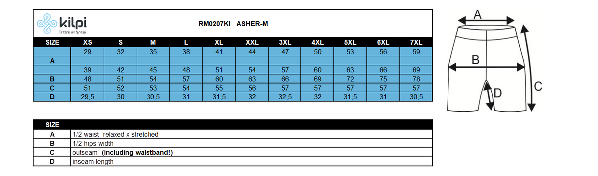 Men's universal shorts Kilpi ASHER-M – Size chart