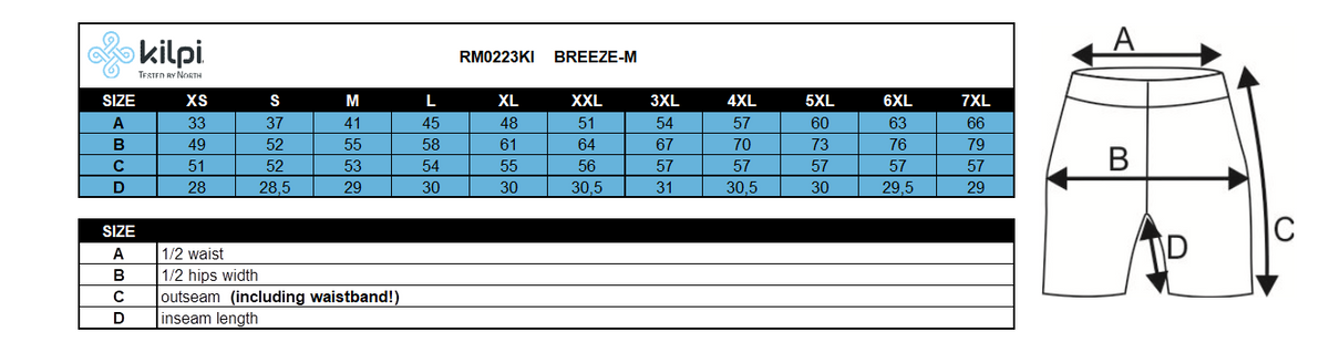Men's cotton shorts Kilpi BREEZE-M – Size chart