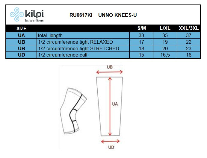 Unisex-kniewarmers Kilpi UNNO KNEES-U – Maattabel