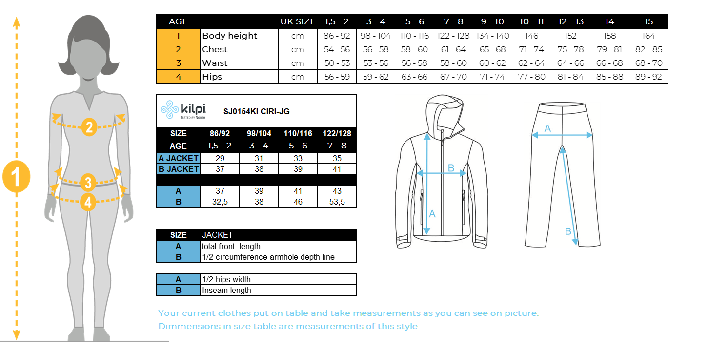 Ski-overall voor meisjes Kilpi CIRI-JG – Maattabel