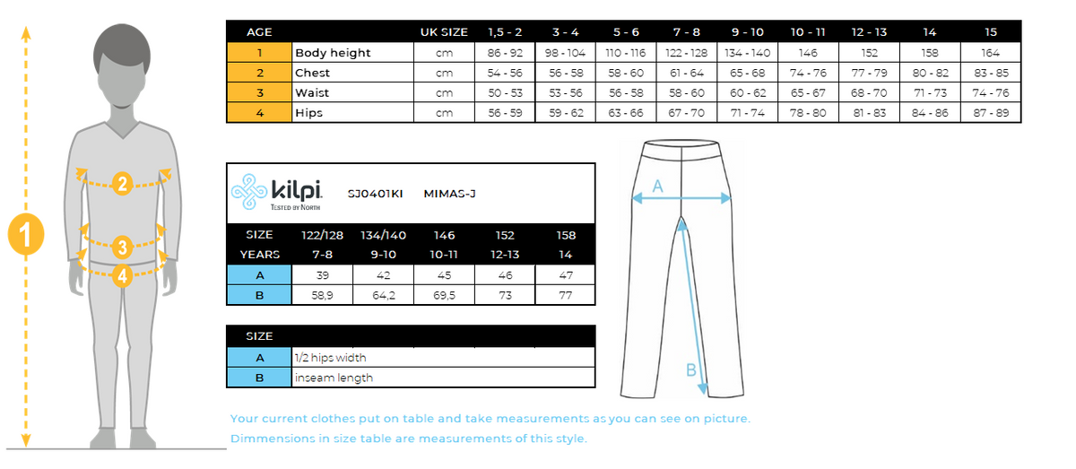Kinder-skibroek Kilpi MIMAS-J – Maattabel
