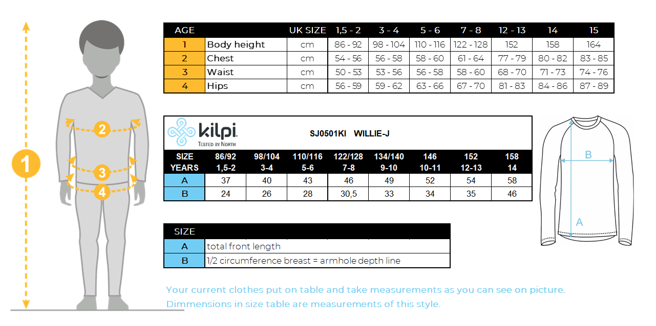 Functioneel kinder-T-shirt met lange mouwen Kilpi WILLIE-J – Maattabel