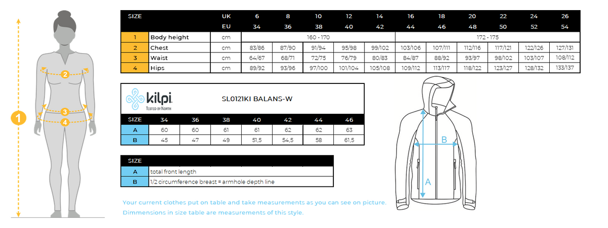 Softshell hardloopjack voor dames Kilpi BALANS-W – Maattabel