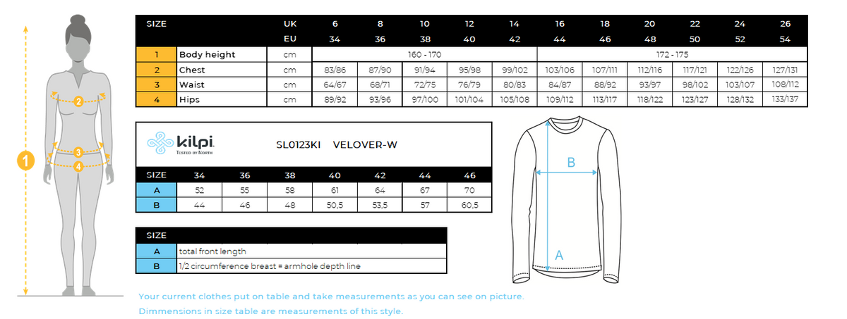 Kilpi VELOVER-W softshell fietsjack voor dames – Maattabel