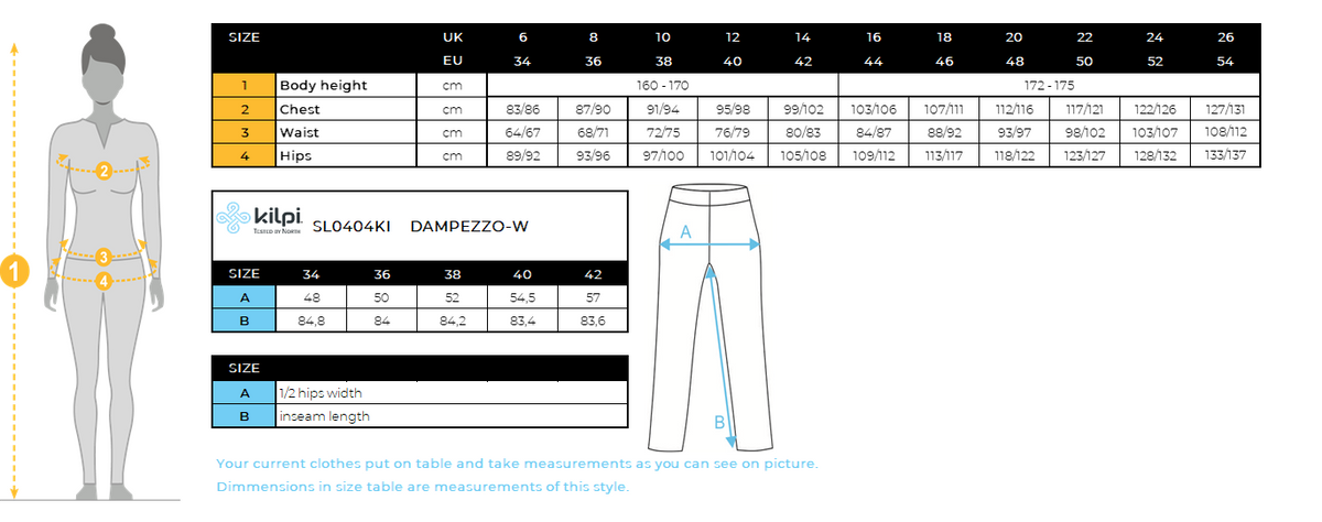 Ski-broek voor dames Kilpi DAMPEZZO-W – Maattabel