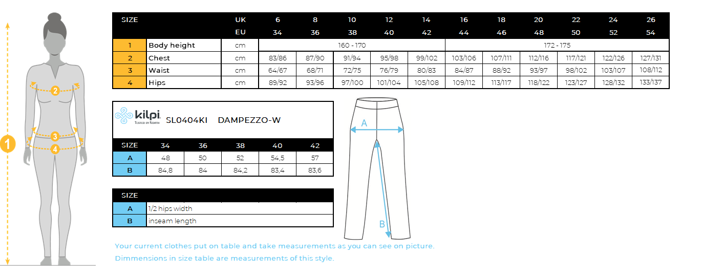Ski-broek voor dames Kilpi DAMPEZZO-W – Maattabel