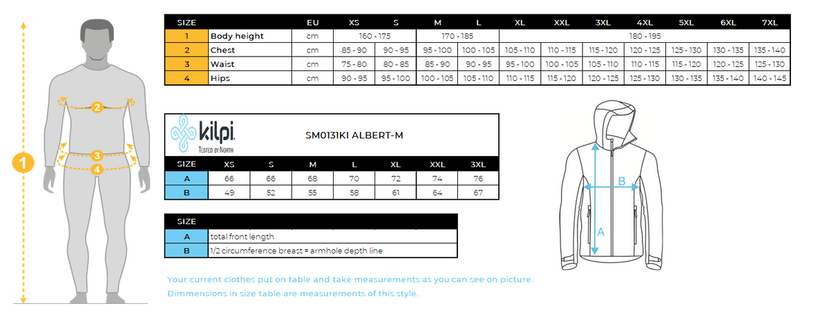Men´s down jacket Kilpi ALBERT-M – Size chart