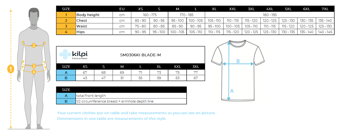 Heren-T-shirt Kilpi BLADE-M – Maattabel
