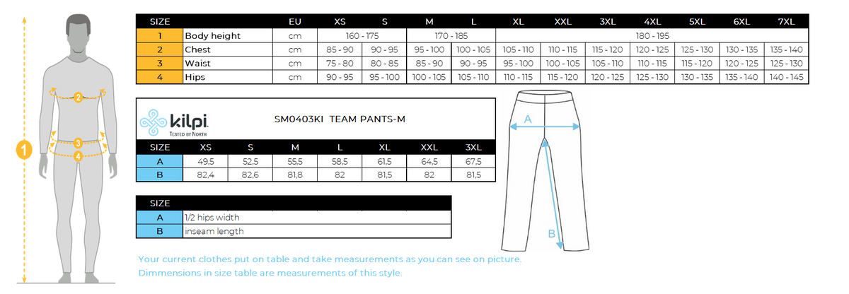 Ski-broek voor heren Kilpi TEAM PANTS-M – Maattabel