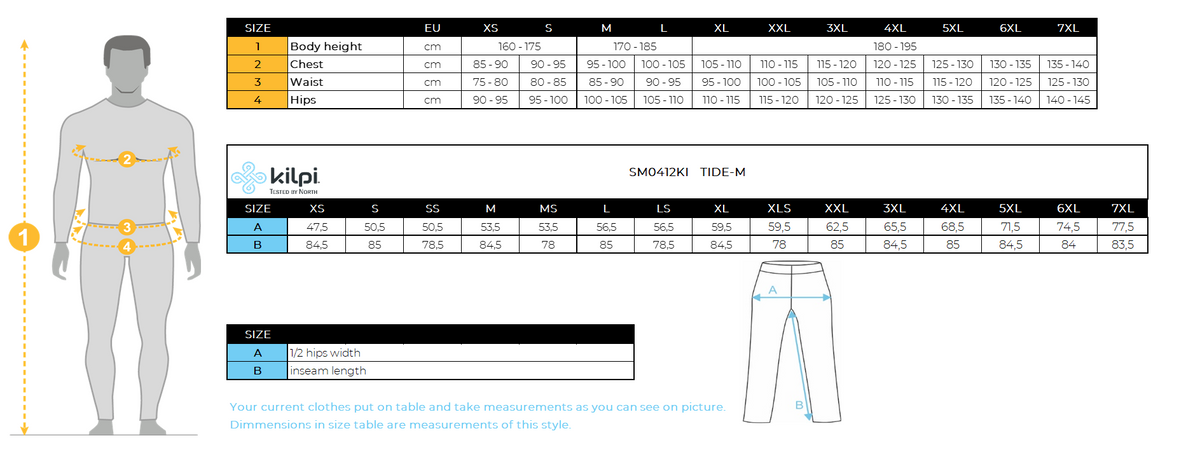 Outdoorbroek voor heren Kilpi TIDE-M – Maattabel