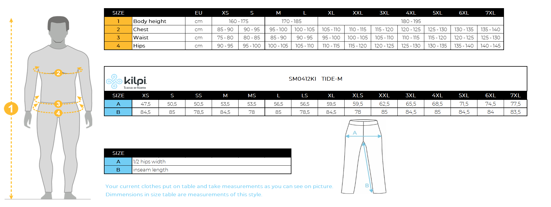 Outdoorbroek voor heren Kilpi TIDE-M – Maattabel