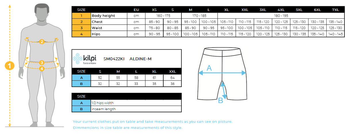 Softshell-short voor heren Kilpi ALDINE-M – Maattabel