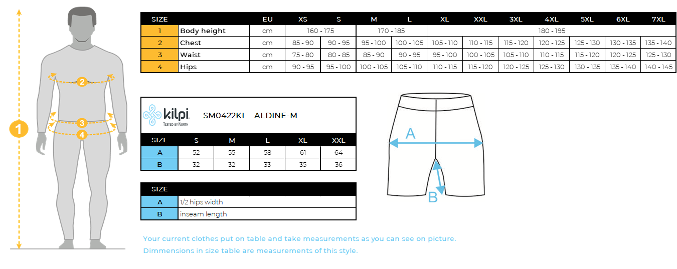 Softshell-short voor heren Kilpi ALDINE-M – Maattabel