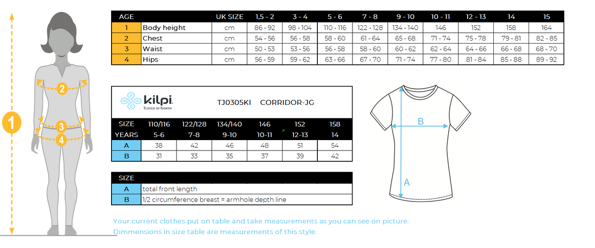 Fietsshirt voor meisjes Kilpi CORRIDOR-JG – Maattabel