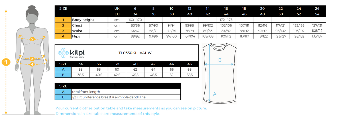 Damesfietsshirt Kilpi VAI-W – Maattabel
