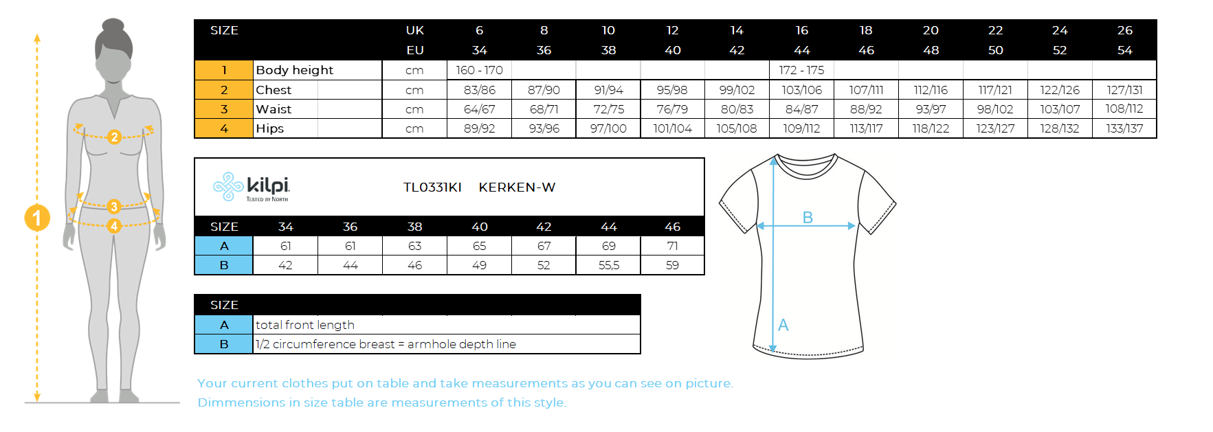 Functioneel T-shirt voor dames Kilpi KERKEN-W – Maattabel