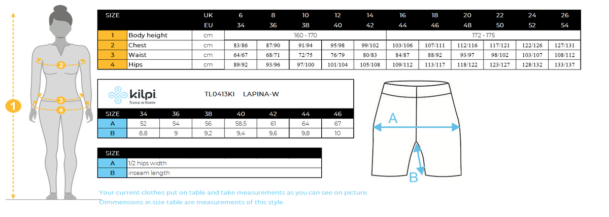 Hardloopshort voor dames Kilpi LAPINA-W – Maattabel