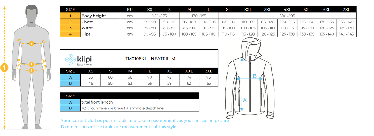 Herenhardloopjack Kilpi NEATRIL-M – Maattabel