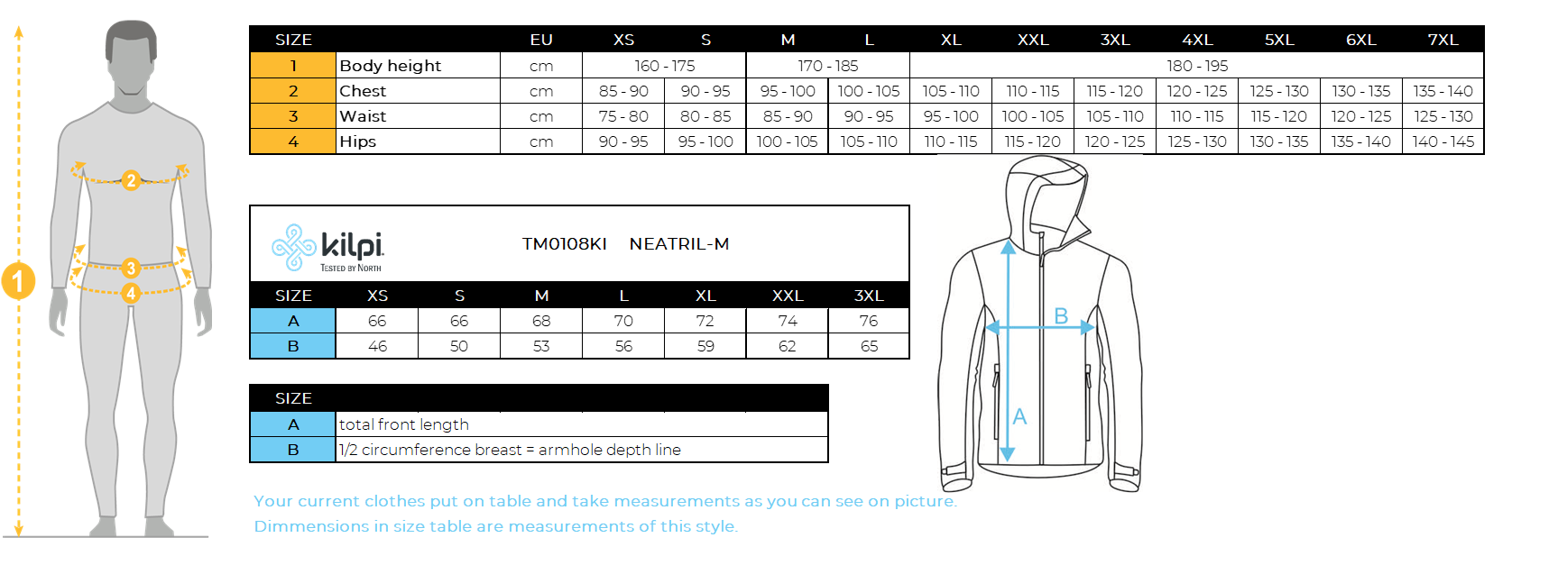 Herenhardloopjack Kilpi NEATRIL-M – Maattabel