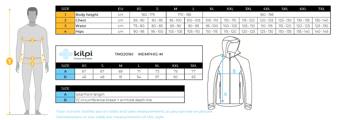 Outdoor-sweatshirt voor heren Kilpi MEMPHIS-M – Maattabel