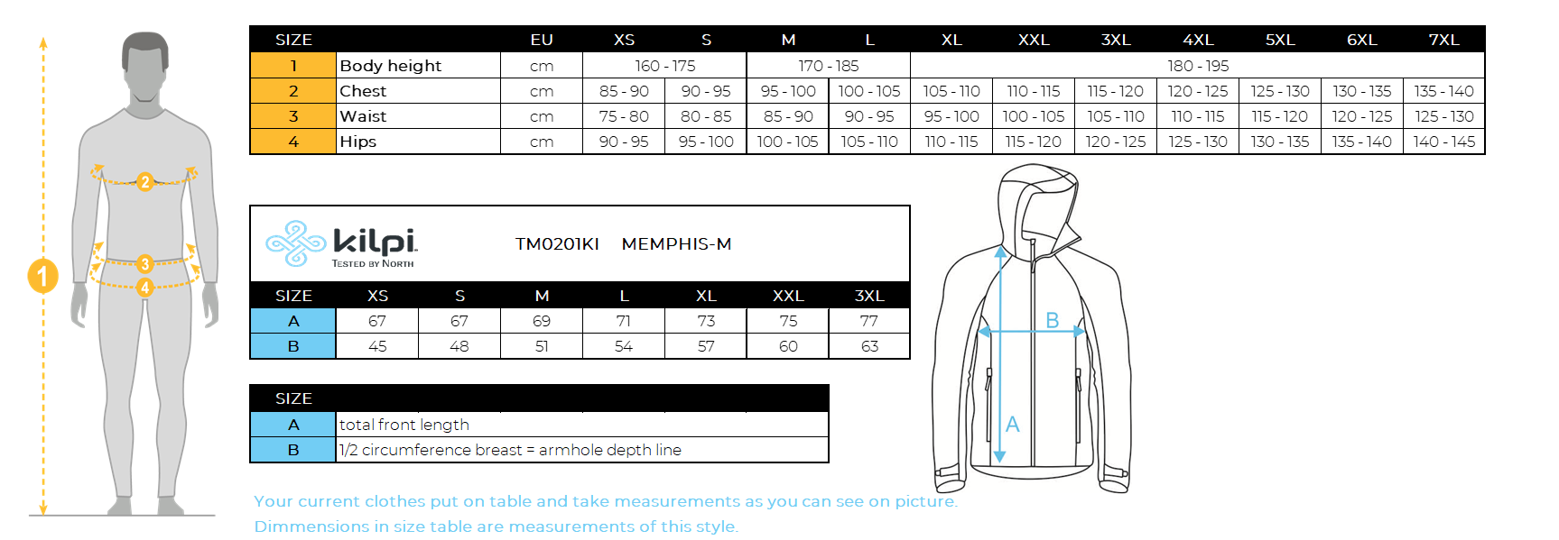 Outdoor-sweatshirt voor heren Kilpi MEMPHIS-M – Maattabel