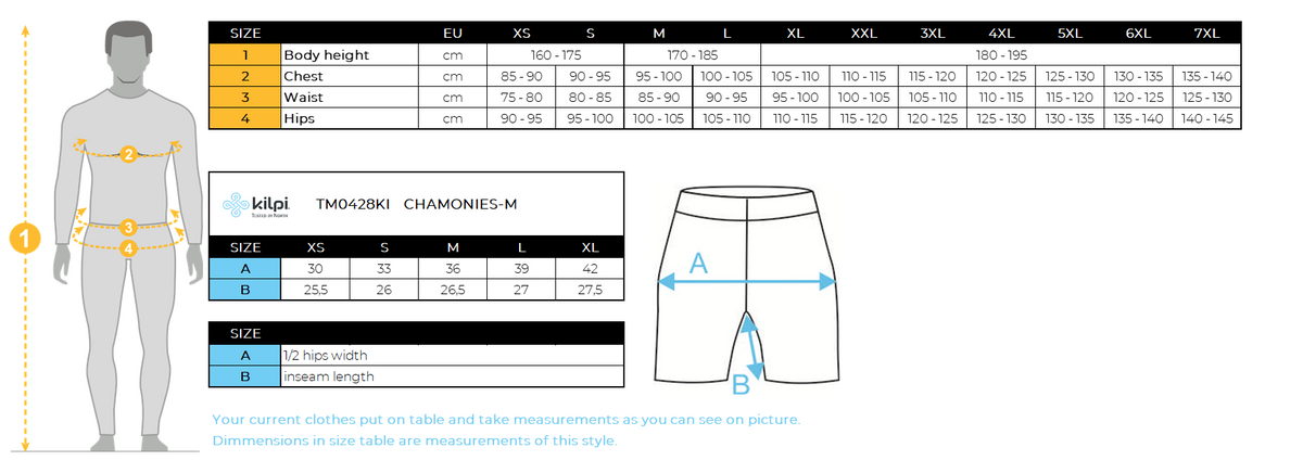 Compressie-hardloopshort voor heren Kilpi CHAMONIES-M – Maattabel